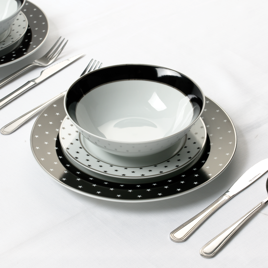 Waterside 12pc Black Star with Platinum Rim Dinner Set
