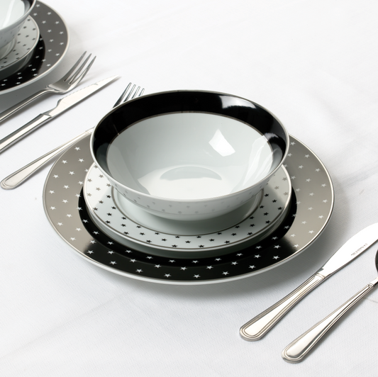 12PC Black Star with Plat Rim Dinner Set