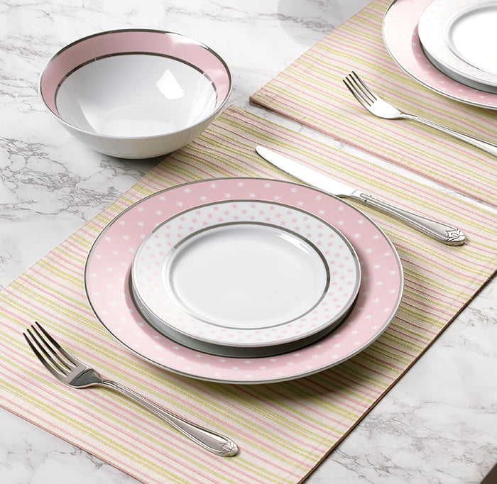 12PC Pink Star with Plat Rim Dinner Set