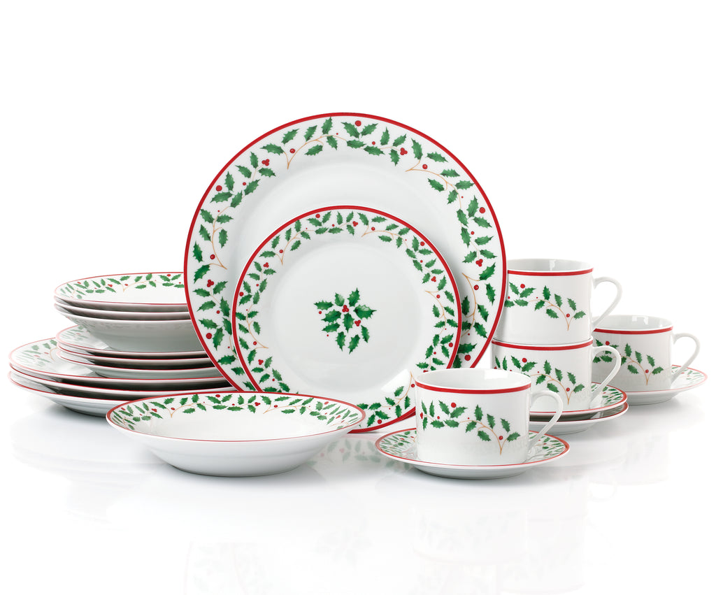 Waterside 20pc Holly Christmas Porcelain Dinnerware Set (video included)