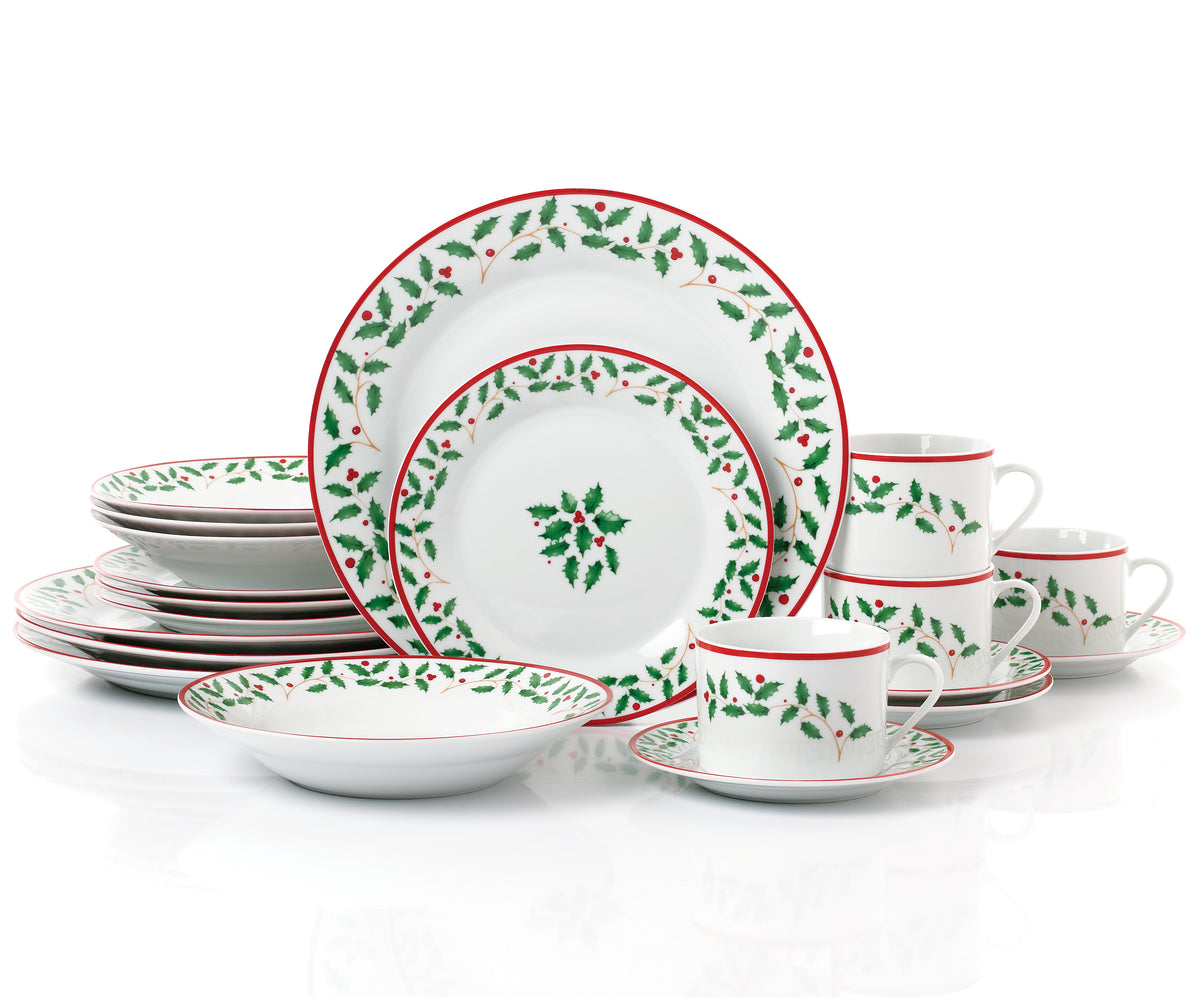 Waterside 20pc Holly Christmas Porcelain Dinnerware Set (video included)