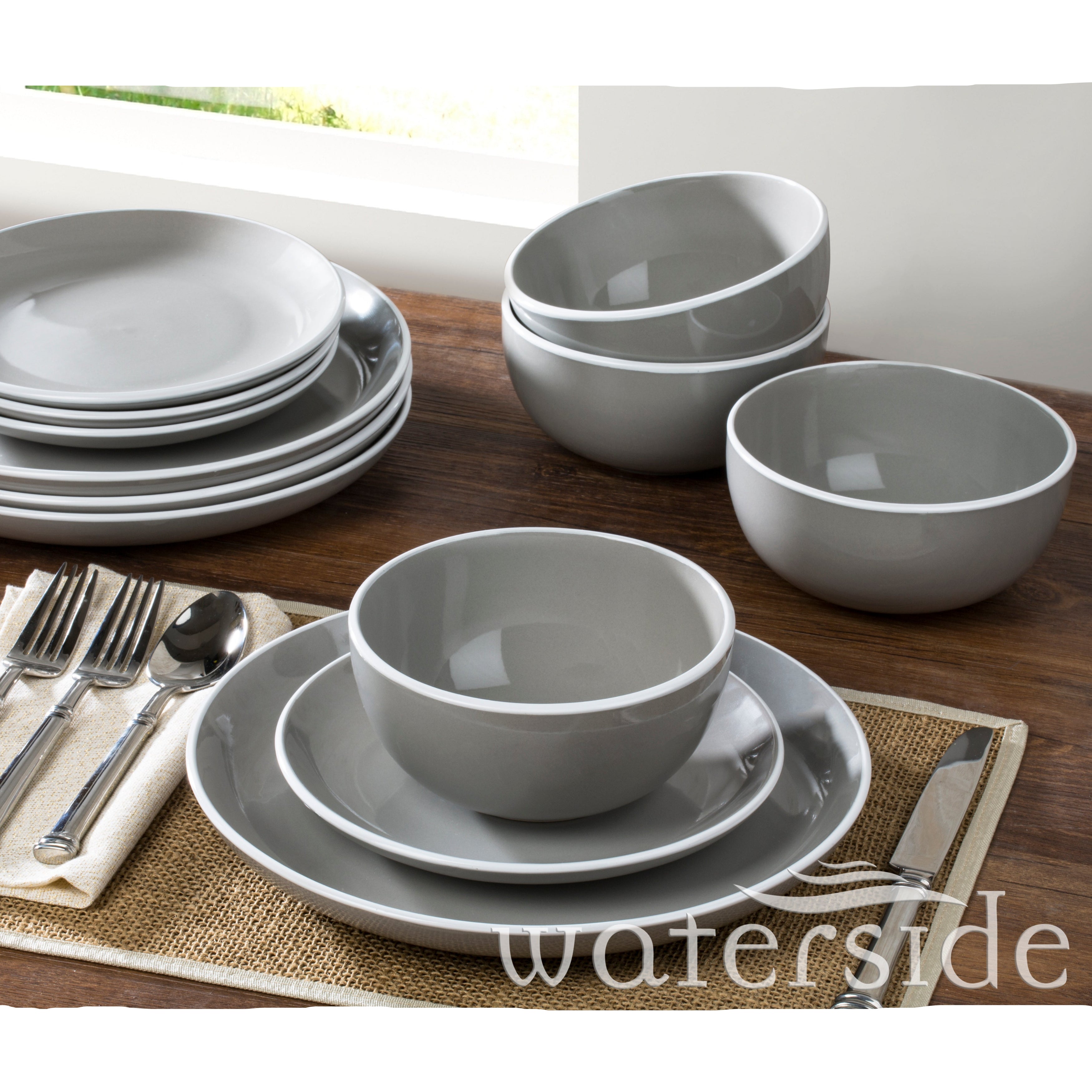Waterside 12pc Grey Stoneware Dinnerware Set (video attached)
