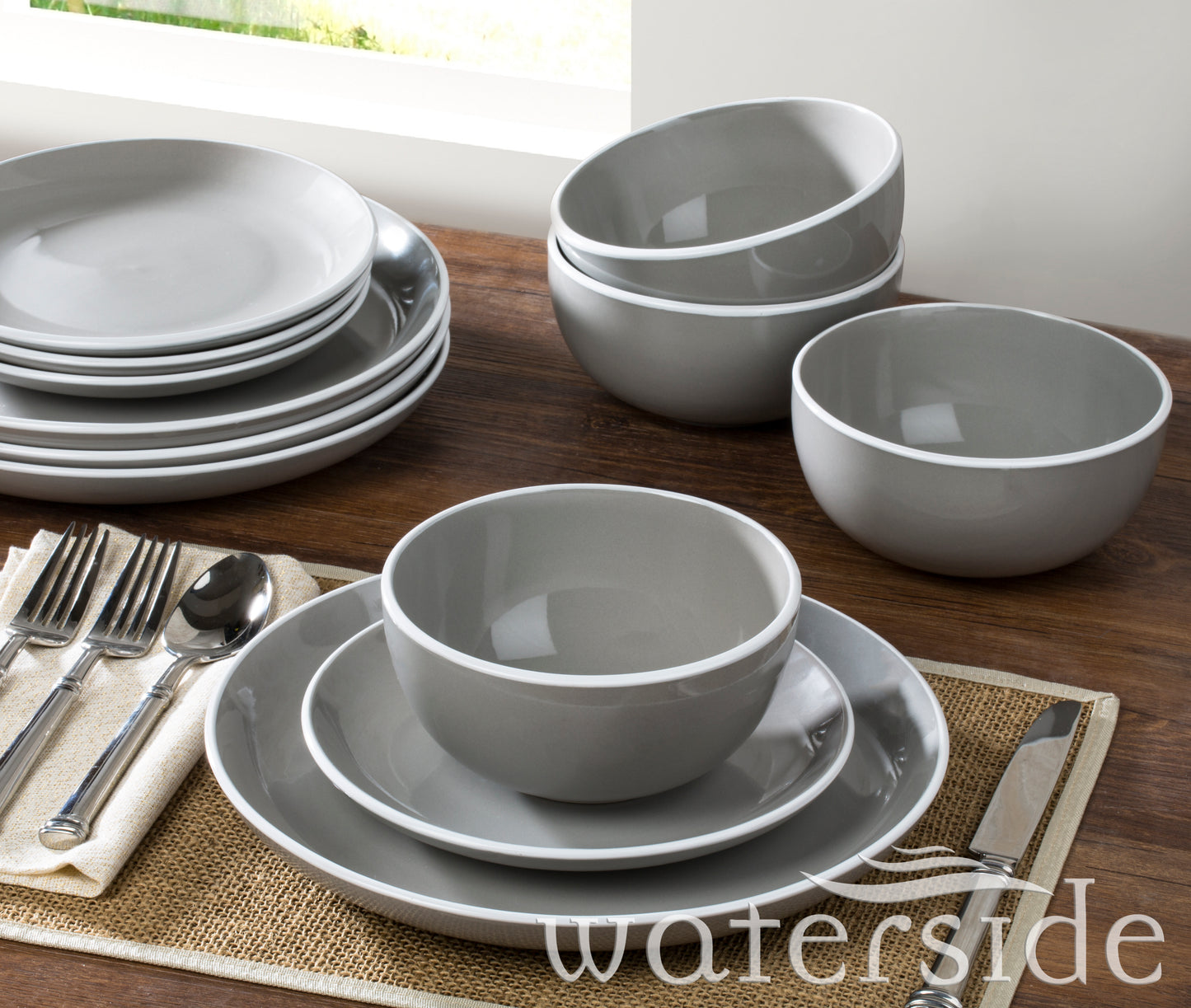 Waterside Grey Stoneware Dinnerware Set, 12 Pieces