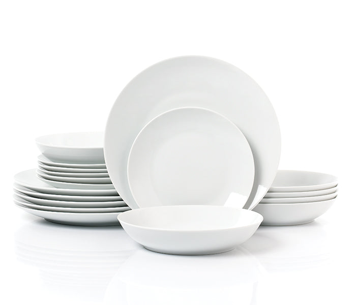 Waterside 18pc White Coupe Porcelain Dinnerware Set; 6 Dinner Plates, Side Plates & Bowls (video attached)