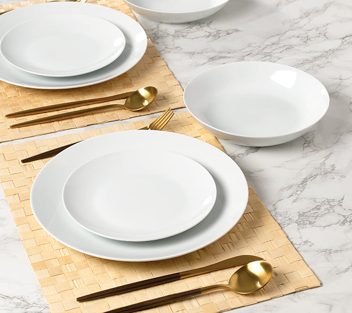 Waterside 18pc White Coupe Porcelain Dinnerware Set; 6 Dinner Plates, Side Plates & Bowls (video attached)