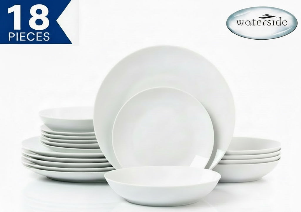 Waterside 18pc White Coupe Porcelain Dinnerware Set; 6 Dinner Plates, Side Plates & Bowls (video attached)