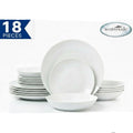 A 18-piece white ceramic dinnerware set including plates and bowls, arranged on a clean white background with a blue '18 PIECES' badge and a 'waterside' logo in the corners.
