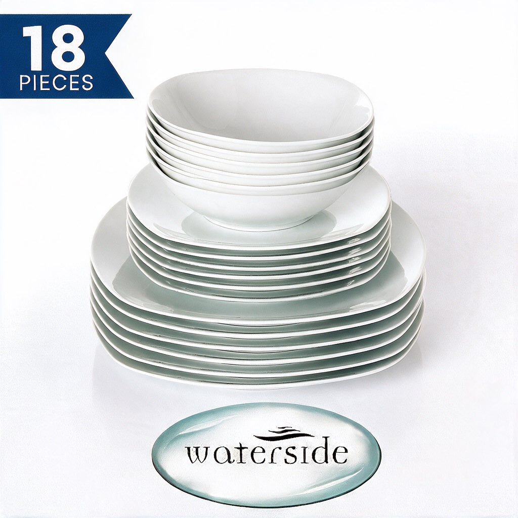 Waterside 18pc White Square Porcelain Dinner Set (video attached)