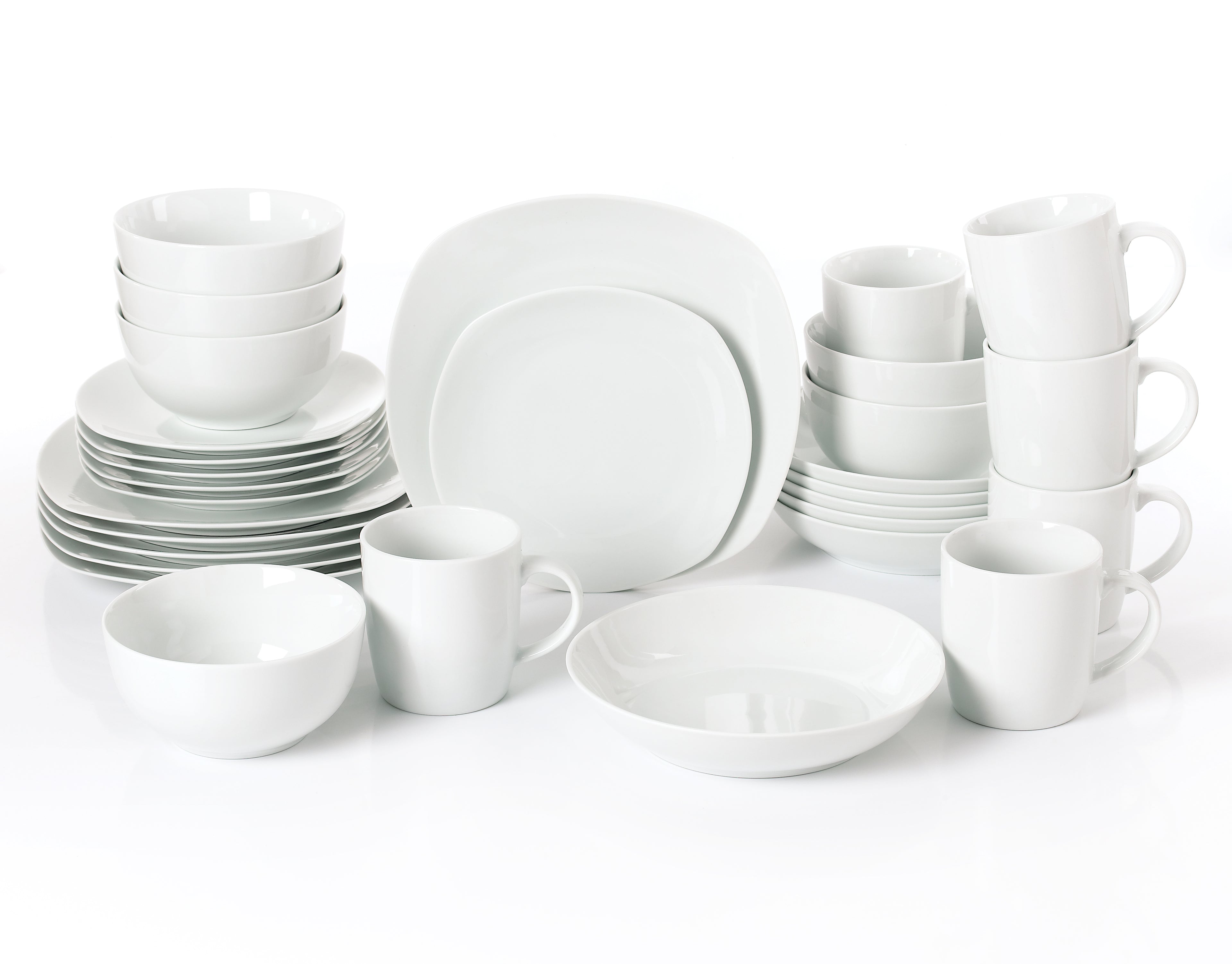 Waterside White Square & Coupe Mix&Match Porcelain Dinnerware Set, 30 Pieces