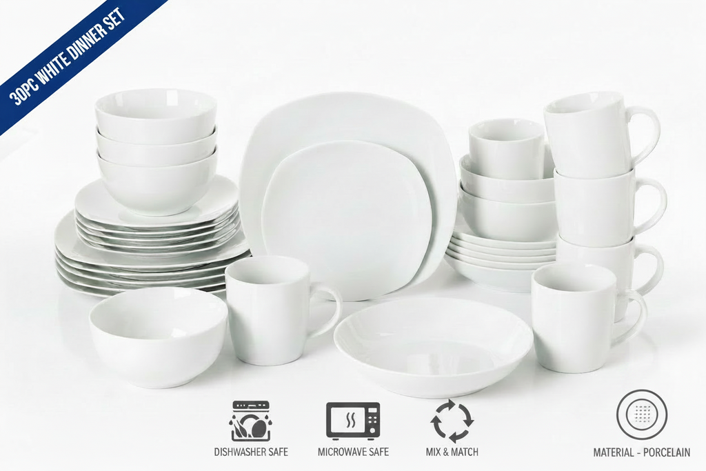 Waterside White Square & Coupe Mix&Match Porcelain Dinnerware Set, 30 Pieces