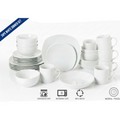 A 30-piece white dinner set arranged on a white background, including plates, bowls, cups, and mugs. A blue diagonal banner in the top left reads '30PC WHITE DINNER SET,' and icons at the bottom indicate dishwasher safe, microwave safe, and mix & match features.
