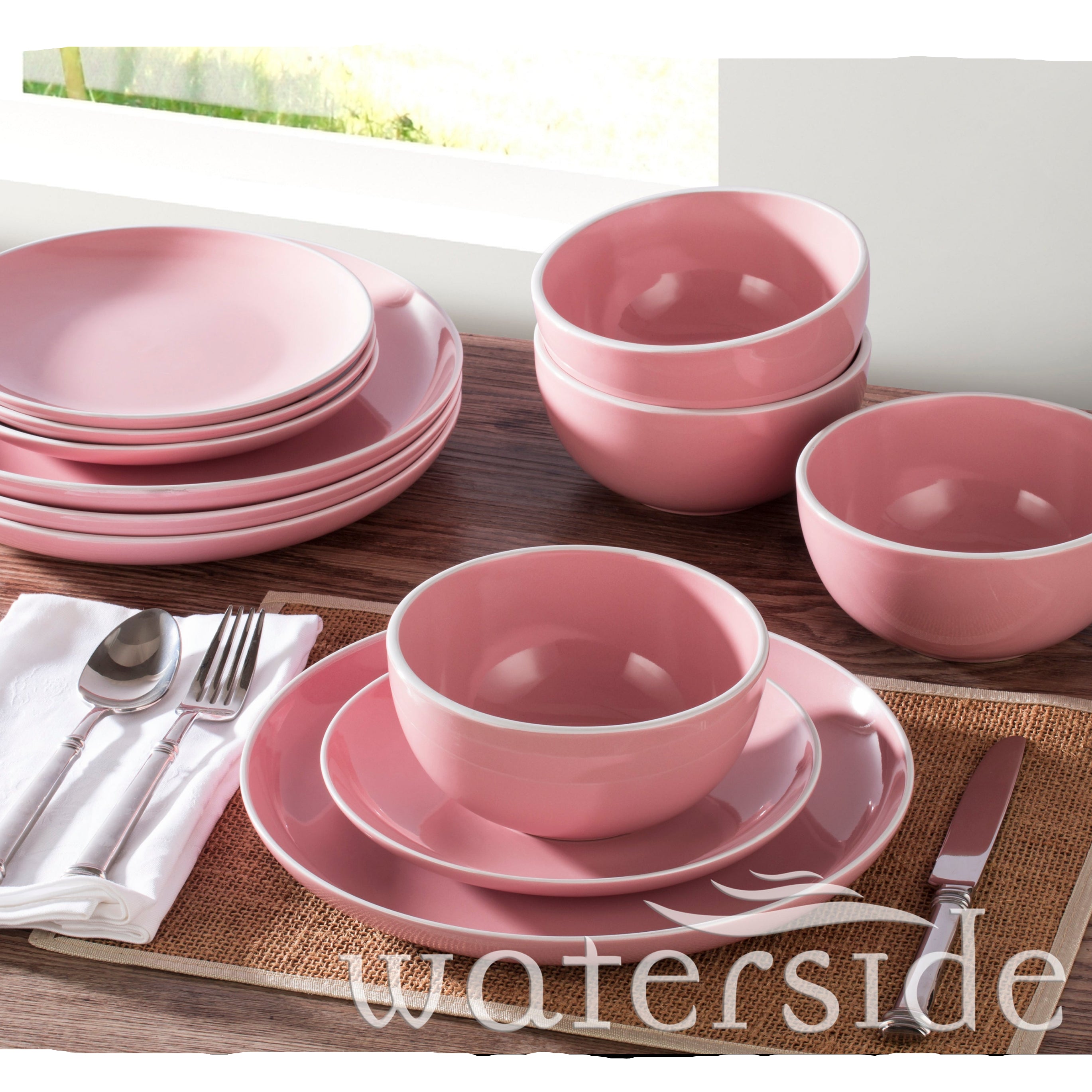 Waterside Bubble Gum Pink Stoneware Dinnerware Set, 12 Pieces
