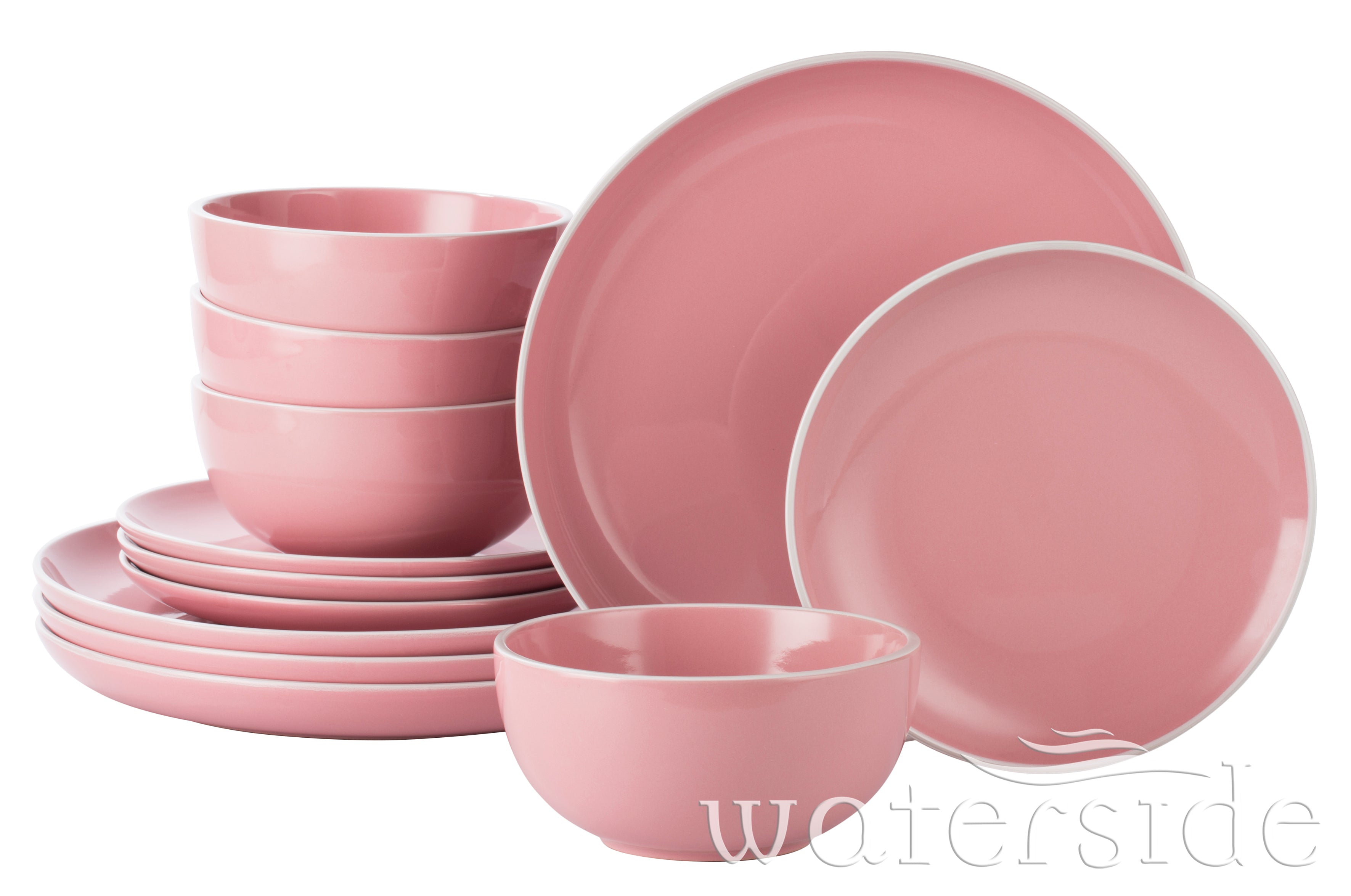 Waterside Bubble Gum Pink Stoneware Dinnerware Set, 12 Pieces