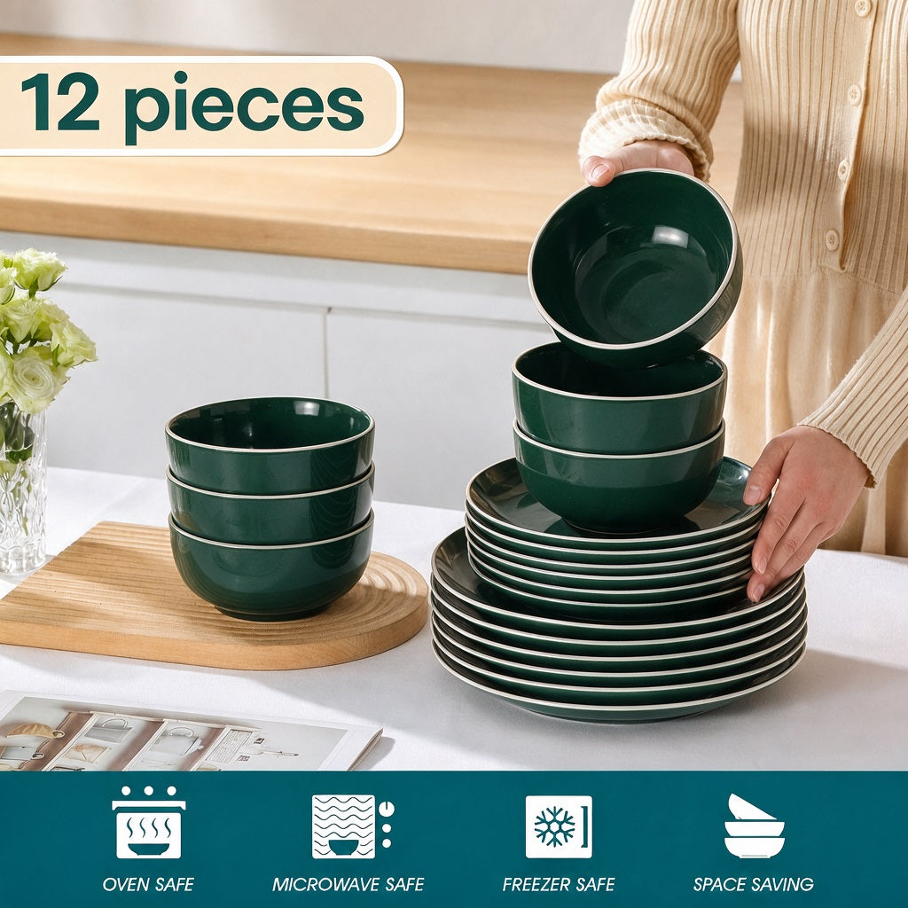 Waterside 12pc Emerald Green Stoneware Dinnerware Set (video attached)