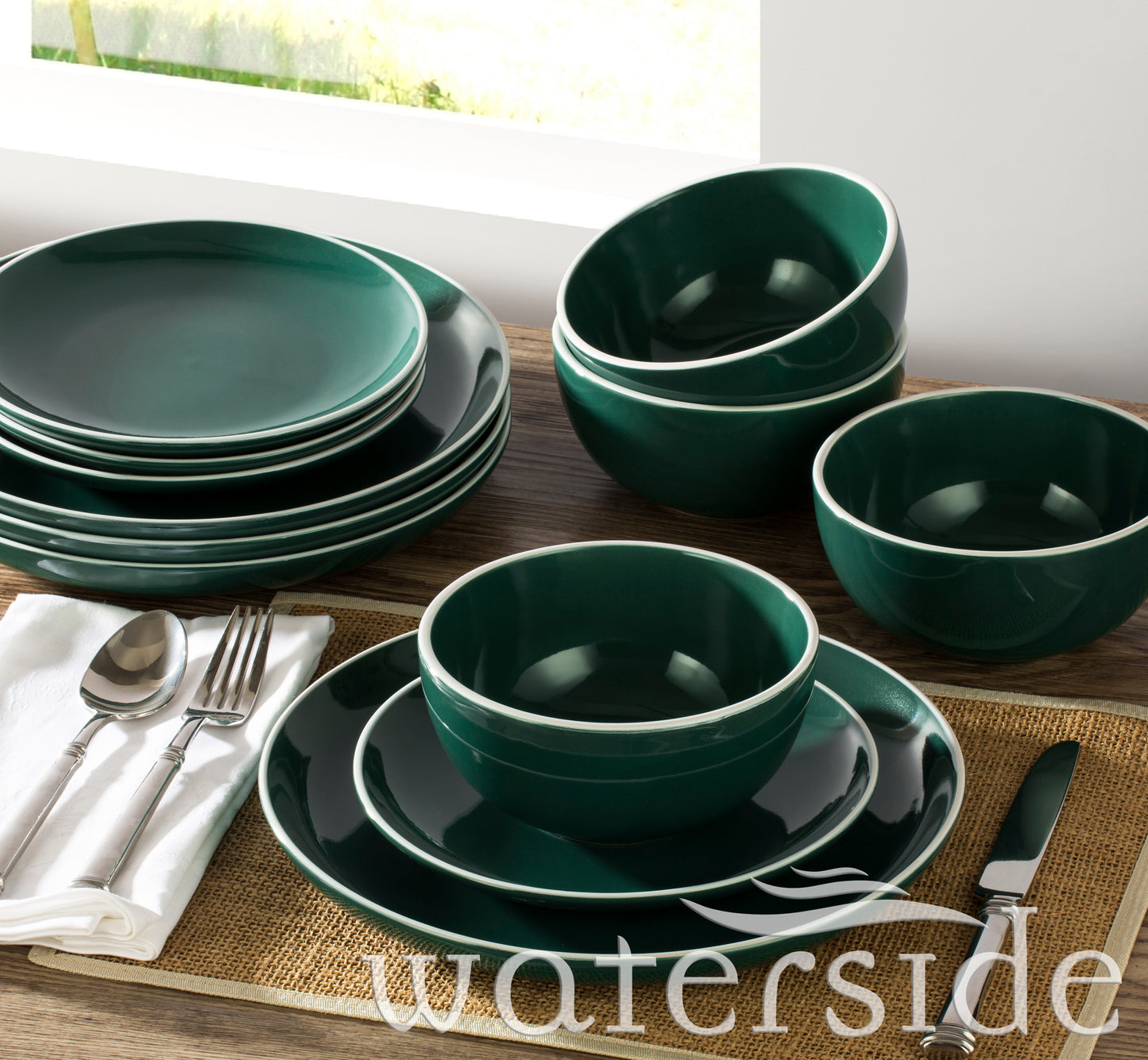 Waterside Emerald Green Stoneware Dinnerware Set, 12 Pieces