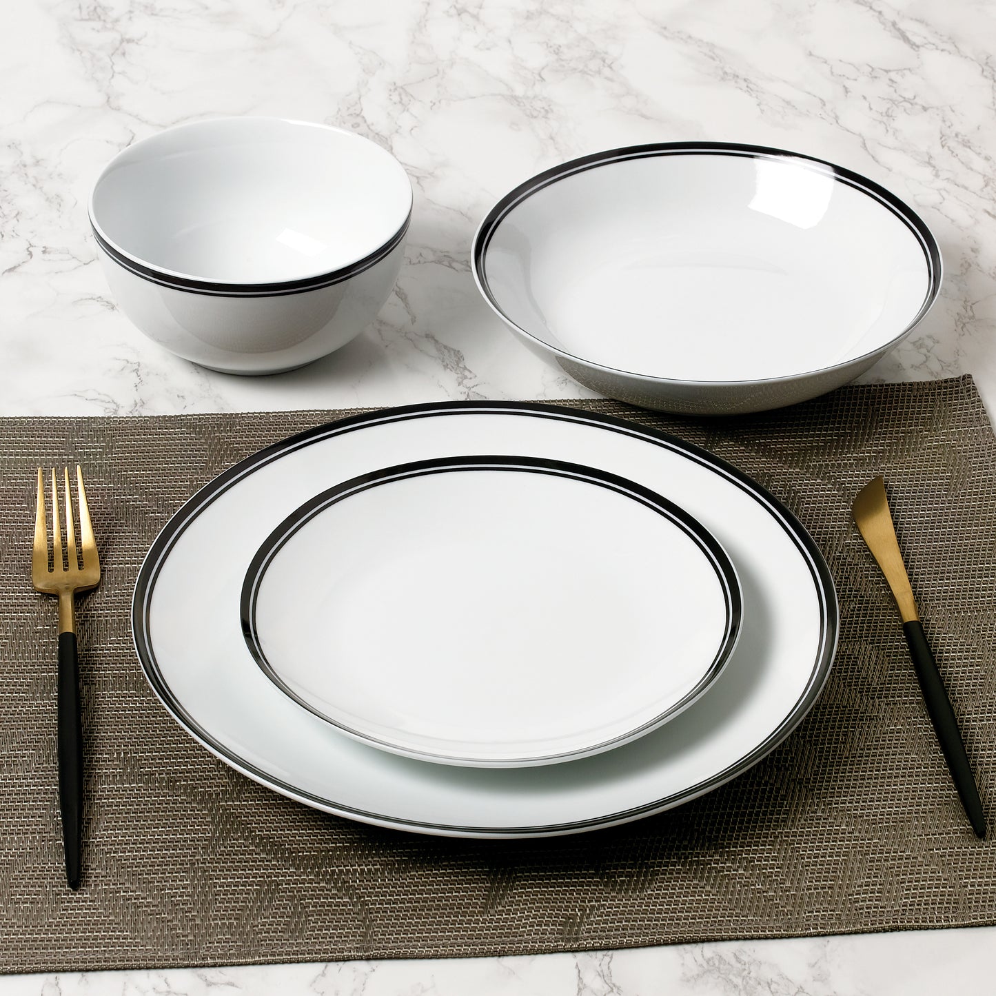 St Ives Stripe Porcelain Dinnerware Set  - Black, 16 Pieces