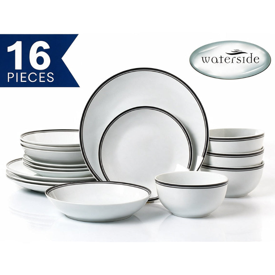 A 16-piece white ceramic dinnerware set with a thin black rim, including plates, bowls, and saucers, displayed on a white background with '16 PIECES' and 'waterside' graphics.