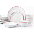 Set of white dinnerware with pink rims on a white background