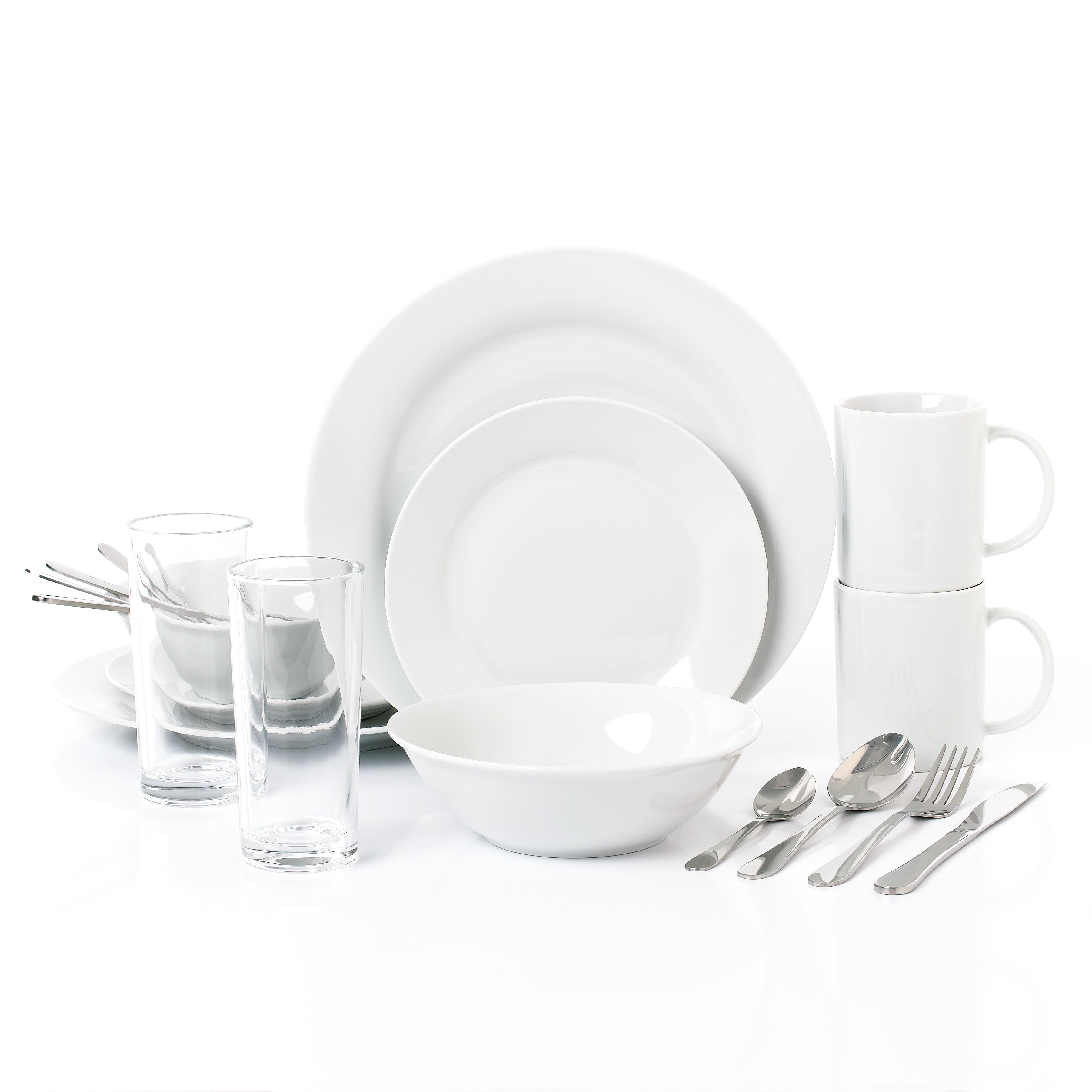 Student Dinnerware Set; Porcelain, Glassware and Cutlery, 18 Pieces