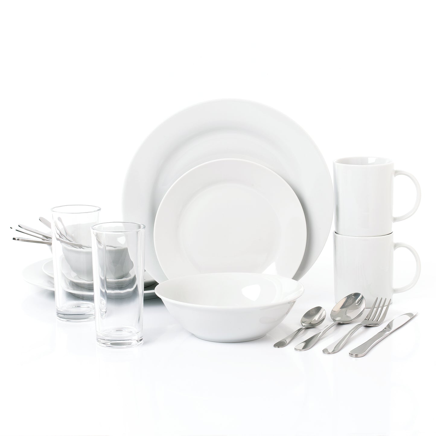 Student Dinnerware Set; Porcelain, Glassware and Cutlery, 18 Pieces