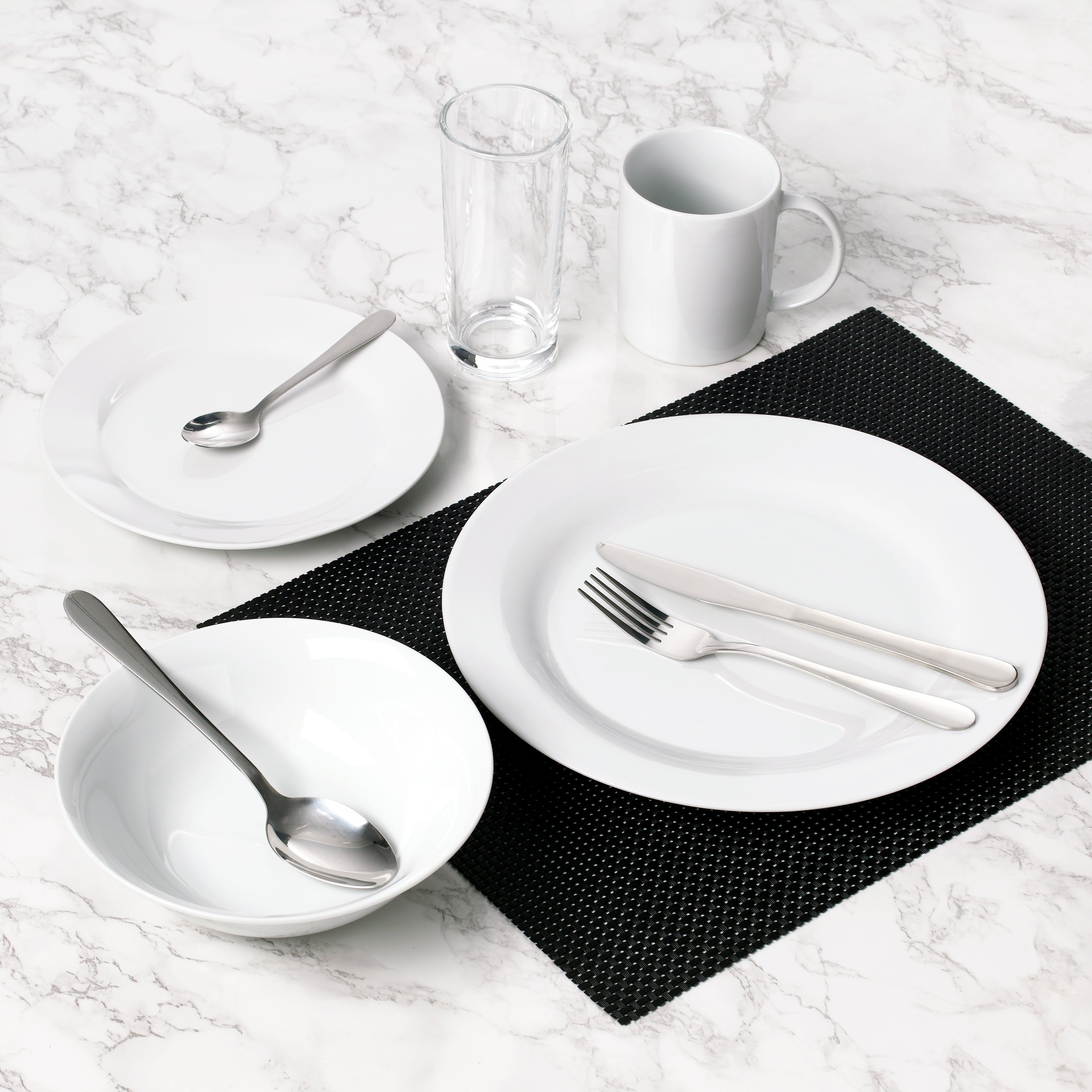 Student Dinnerware Set; Porcelain, Glassware and Cutlery, 18 Pieces