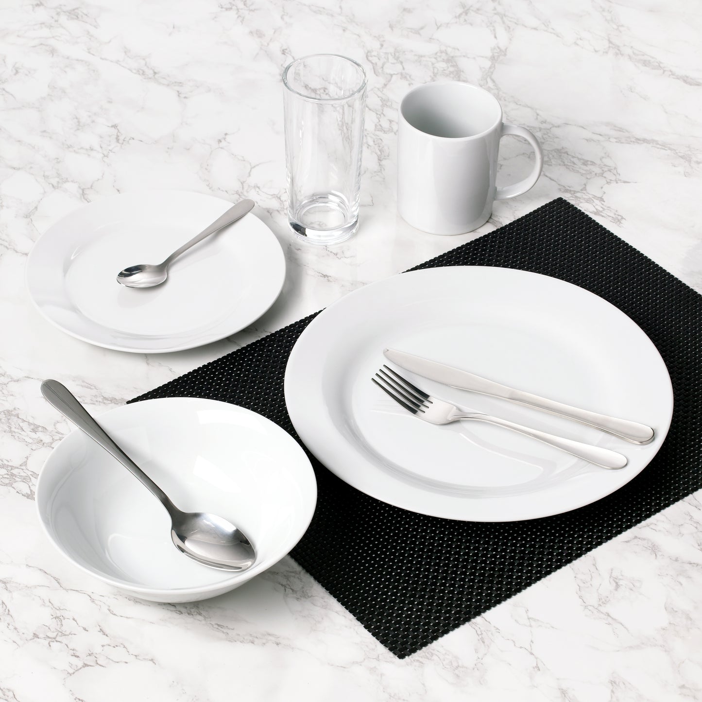 Student Dinnerware Set; Porcelain, Glassware and Cutlery, 18 Pieces