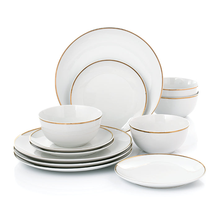 Waterside GOLD Rim Porcelain Dinner Set, 12 Pieces