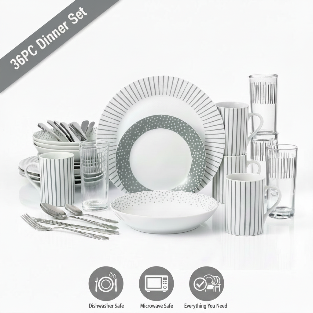 Waterside 36pc Combination Tableware Set; Porcelain, Glassware & Cutlery