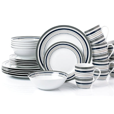Waterside 24pc Brompton Grey Stripe Porcelain Dinnerware Set