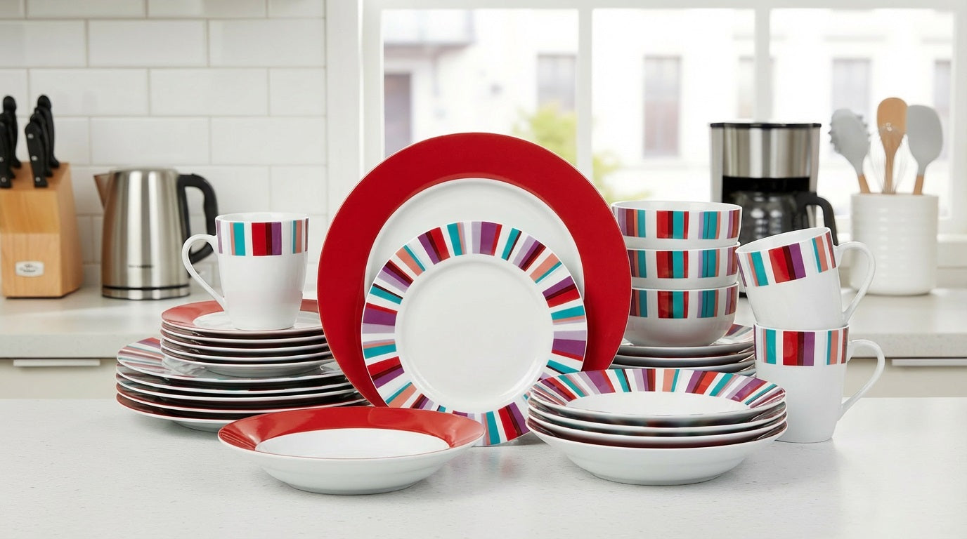 Waterside Mix and Match Stripe Porcelain Dinnerware set, 24 Pieces