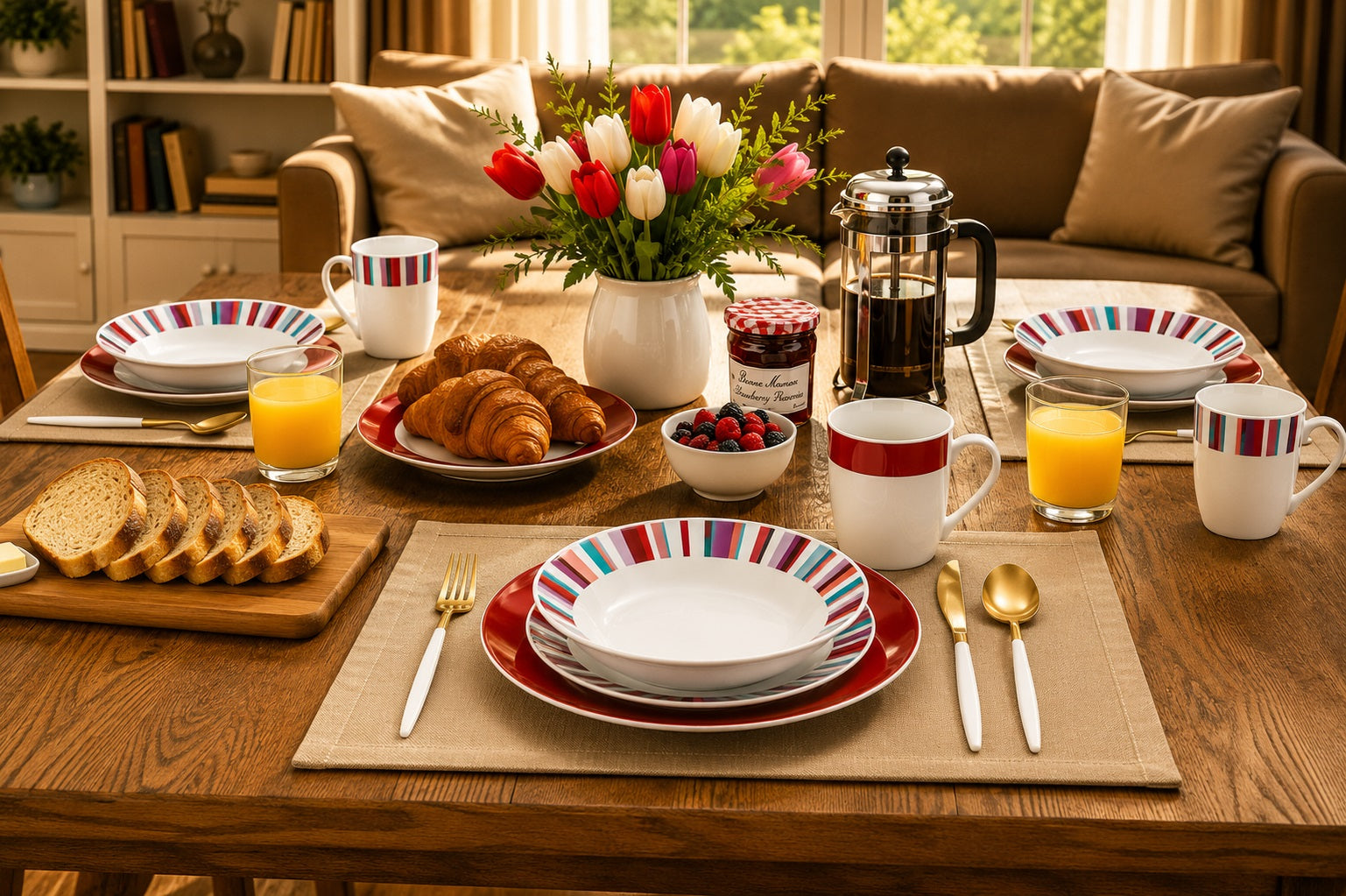 Waterside Modern Stripe Porcelain Dinnerware set, 24 Pieces