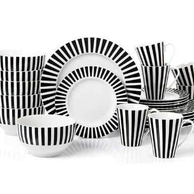 Waterside 24pc Black Split Stripe Porcelain Dinnerware Set (video attached)
