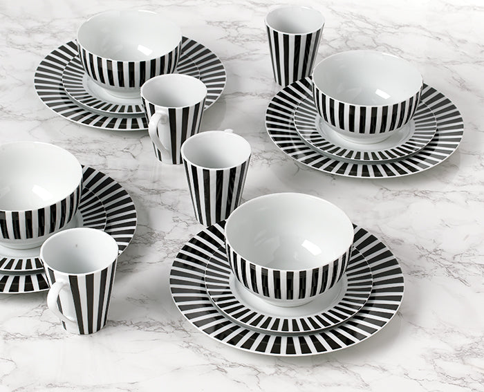Waterside 24pc Black Split Stripe Porcelain Dinnerware Set (video attached)