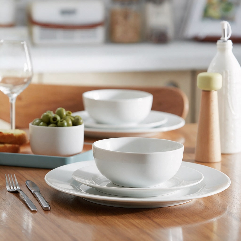 Waterside 24pc White Rim Porcelain Dinnerware Set; 8 Dinner Plates, Side Plates & Deep Bowls (video attached)