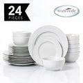 Waterside 24pc White Rim Porcelain Dinnerware Set; 8 Dinner Plates, Side Plates & Deep Bowls (video attached)