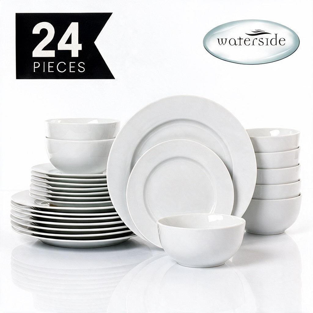Waterside 24pc White Rim Porcelain Dinnerware Set; 8 Dinner Plates, Side Plates & Deep Bowls (video attached)