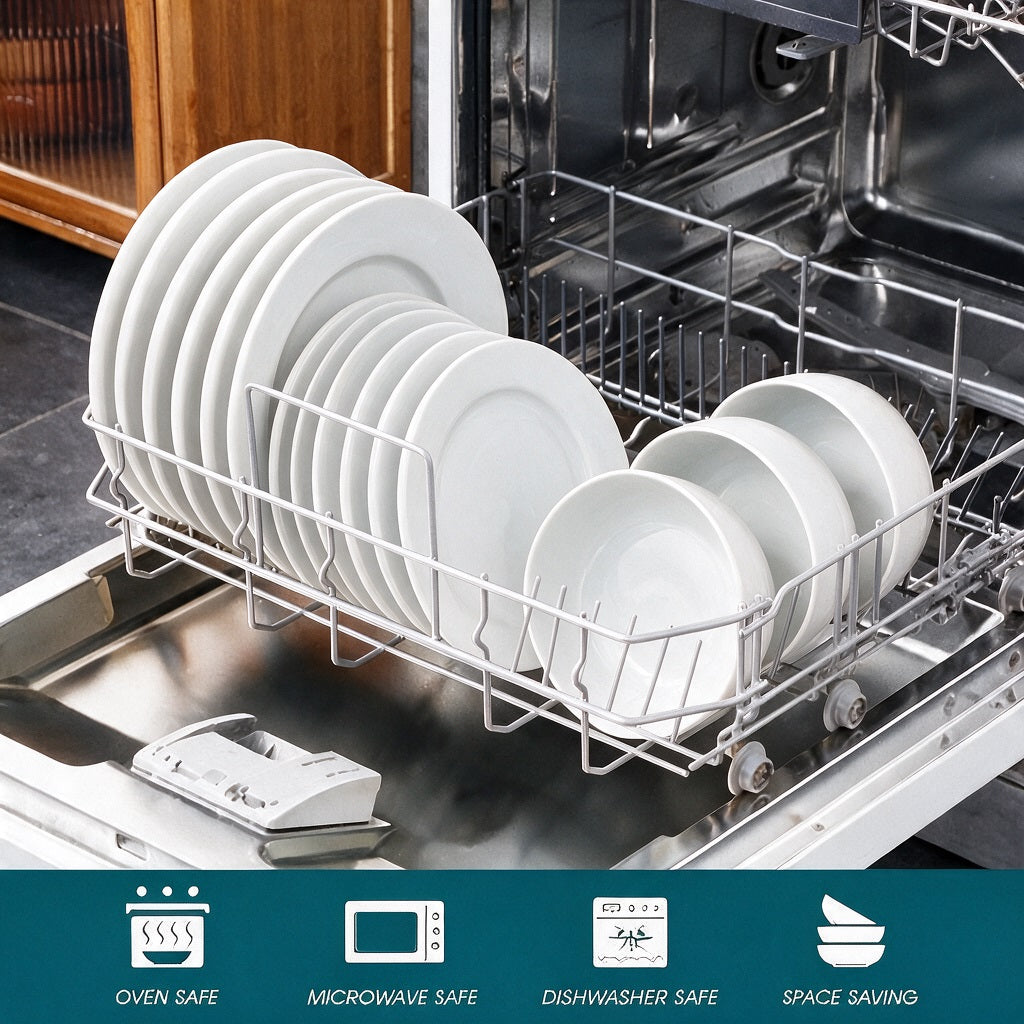Waterside 24pc White Rim Porcelain Dinnerware Set; 8 Dinner Plates, Side Plates & Deep Bowls (video attached)