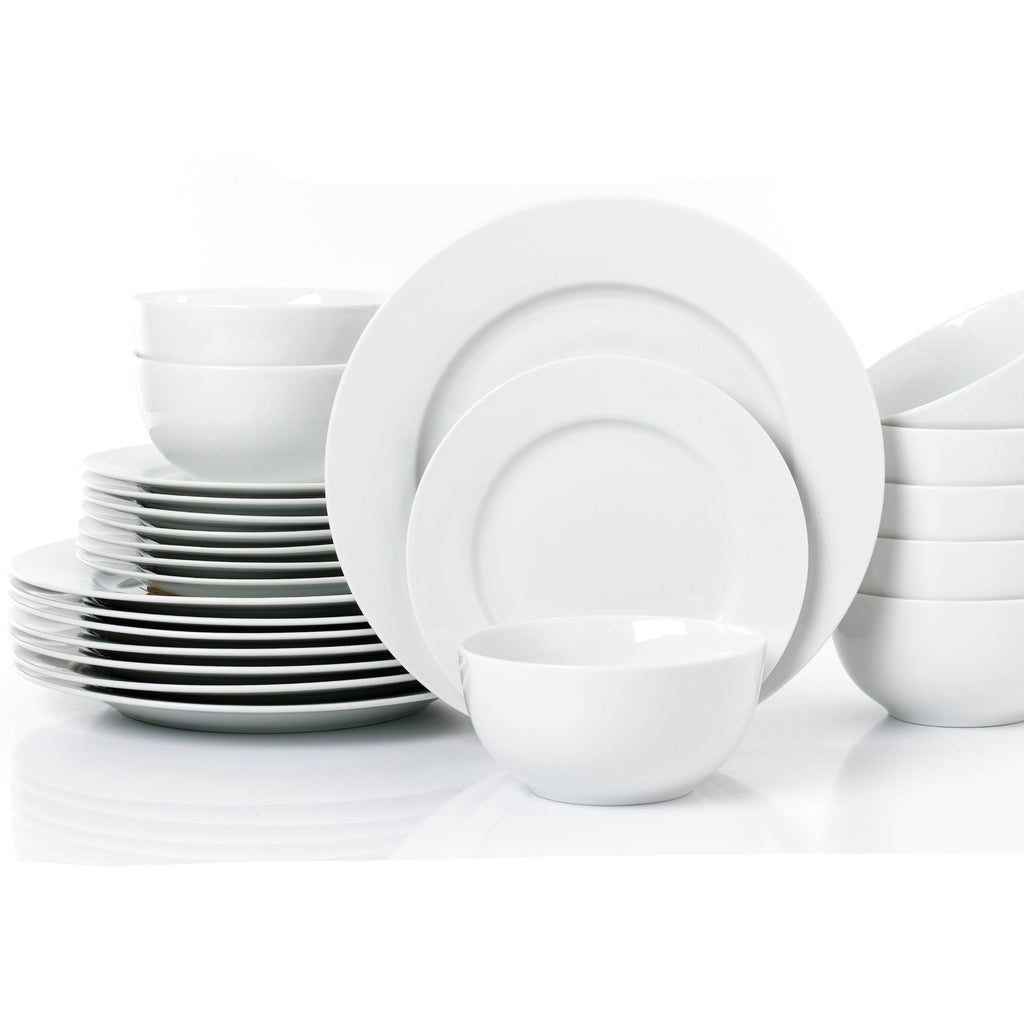 Waterside 24pc White Rim Porcelain Dinnerware Set; 8 Dinner Plates, Side Plates & Deep Bowls (video attached)
