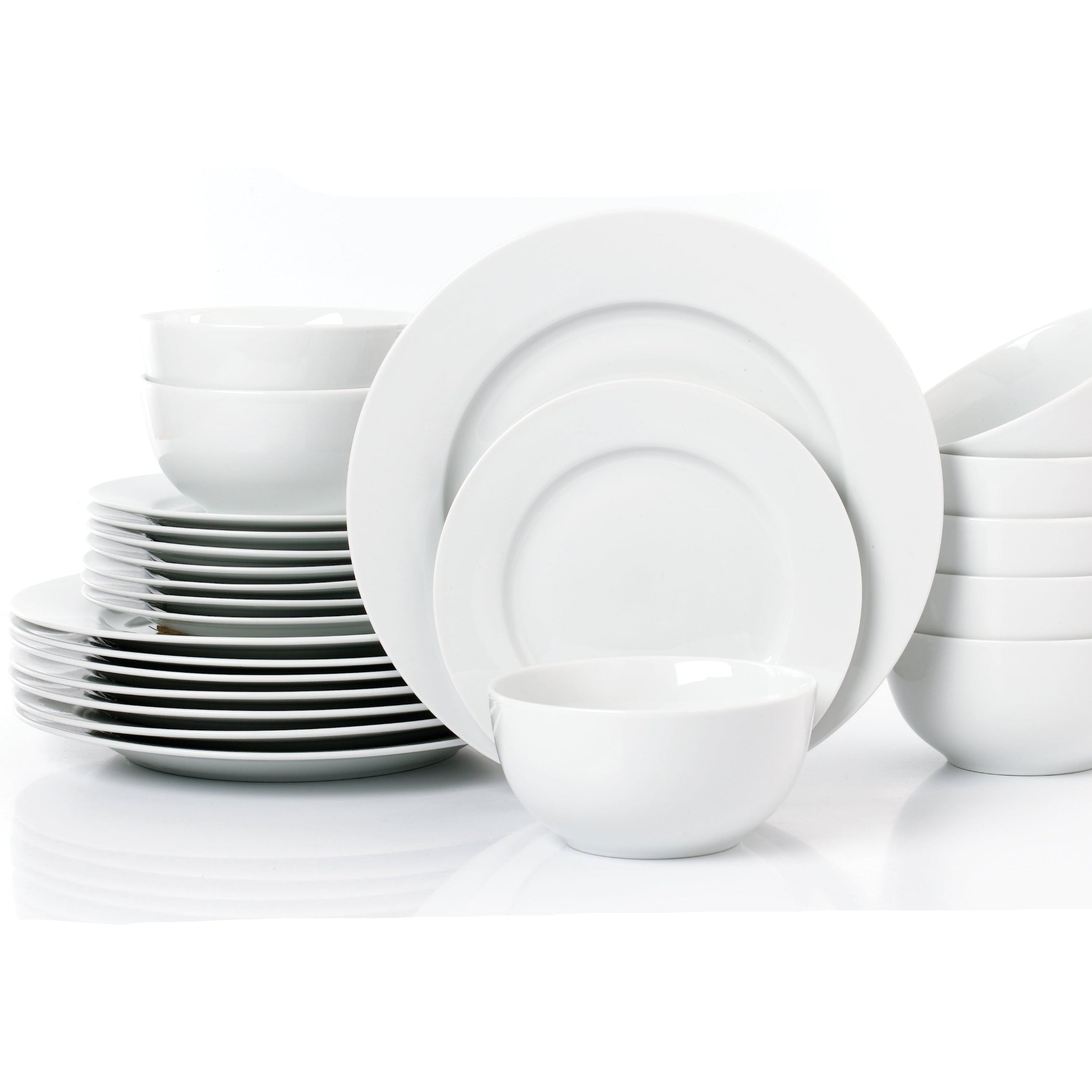 Waterside 24pc White Rim Porcelain Dinnerware Set; 8 Dinner Plates, Side Plates & Deep Bowls (video attached)