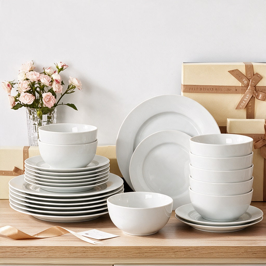 Waterside 24pc White Rim Porcelain Dinnerware Set; 8 Dinner Plates, Side Plates & Deep Bowls (video attached)
