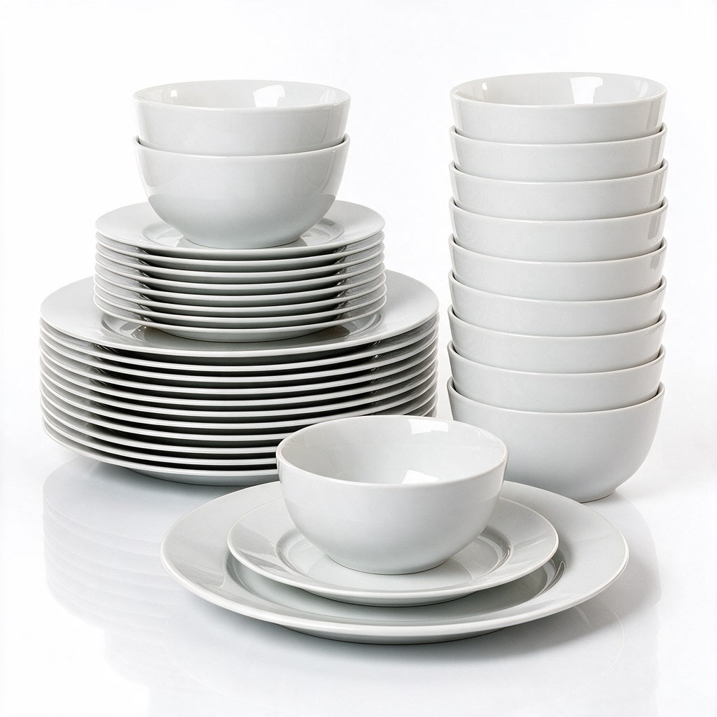 Waterside 24pc White Rim Porcelain Dinnerware Set; 8 Dinner Plates, Side Plates & Deep Bowls (video attached)