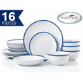 A 16-piece white ceramic dinnerware set with blue rim stripes, including plates, bowls, and saucers, displayed on a white background with a blue '16 PIECES' banner and a 'waterside' logo.