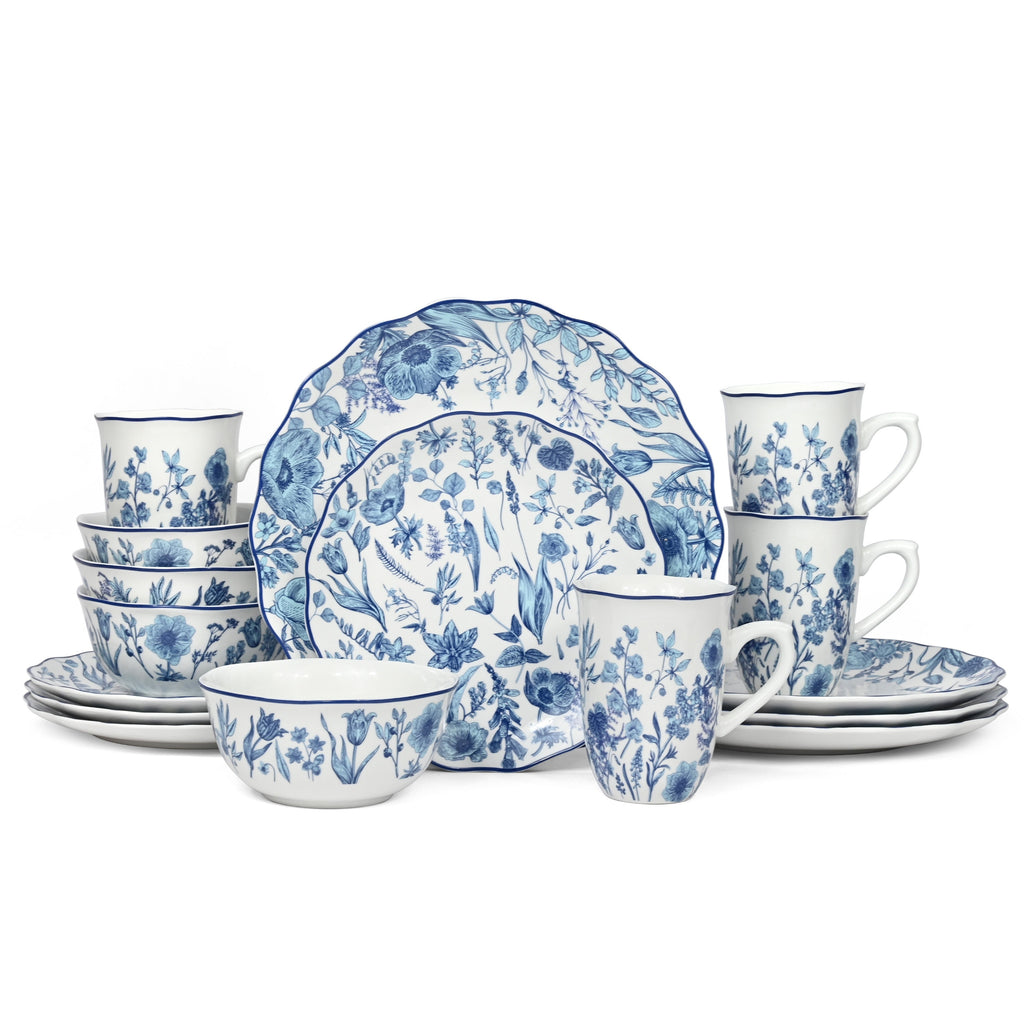 Waterside 16pc Blue Floral Porcelain Dinnerware Set