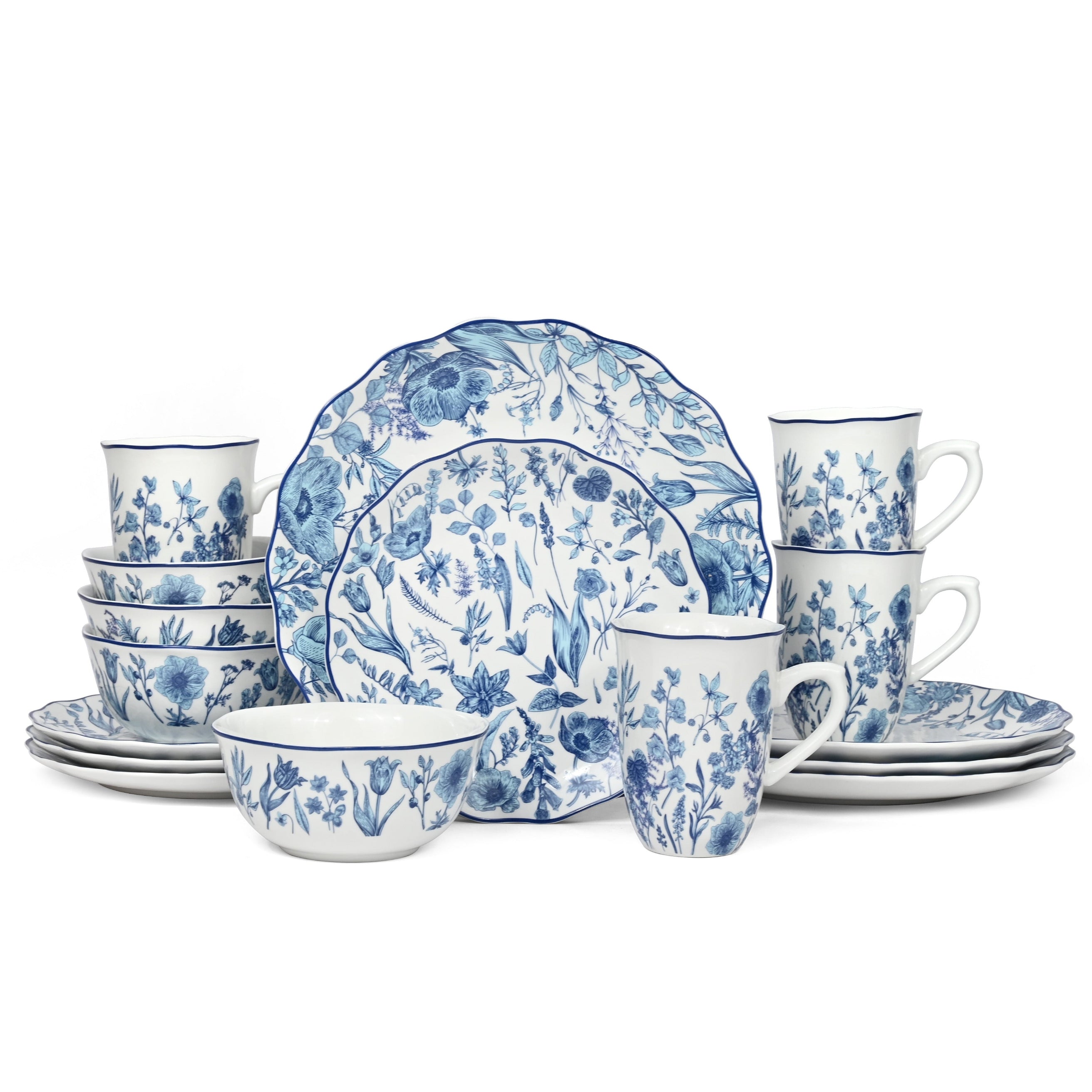 Waterside 16pc Blue Floral Porcelain Dinnerware Set