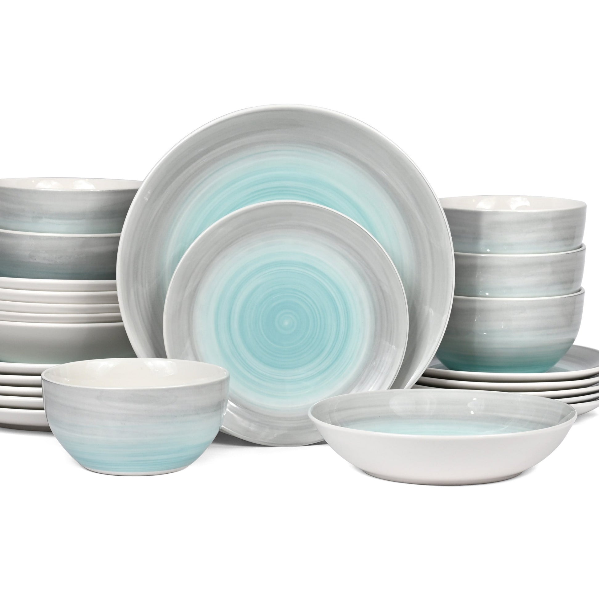 Waterside 24pc Spinwash Blue & Grey Porcelain Dinnerware Set