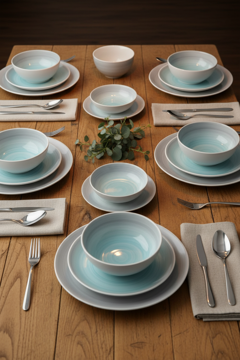 Waterside 24pc Spinwash Blue & Grey Porcelain Dinnerware Set