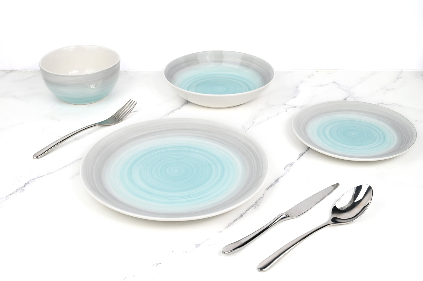 Spinwash Blue & Grey Porcelain Dinnerware Set, 24 Pieces