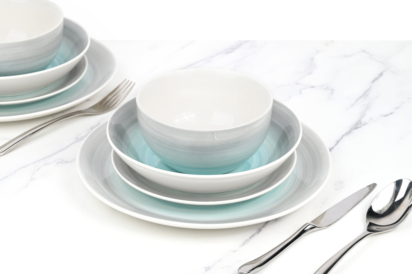 Spinwash Blue & Grey Porcelain Dinnerware Set, 24 Pieces