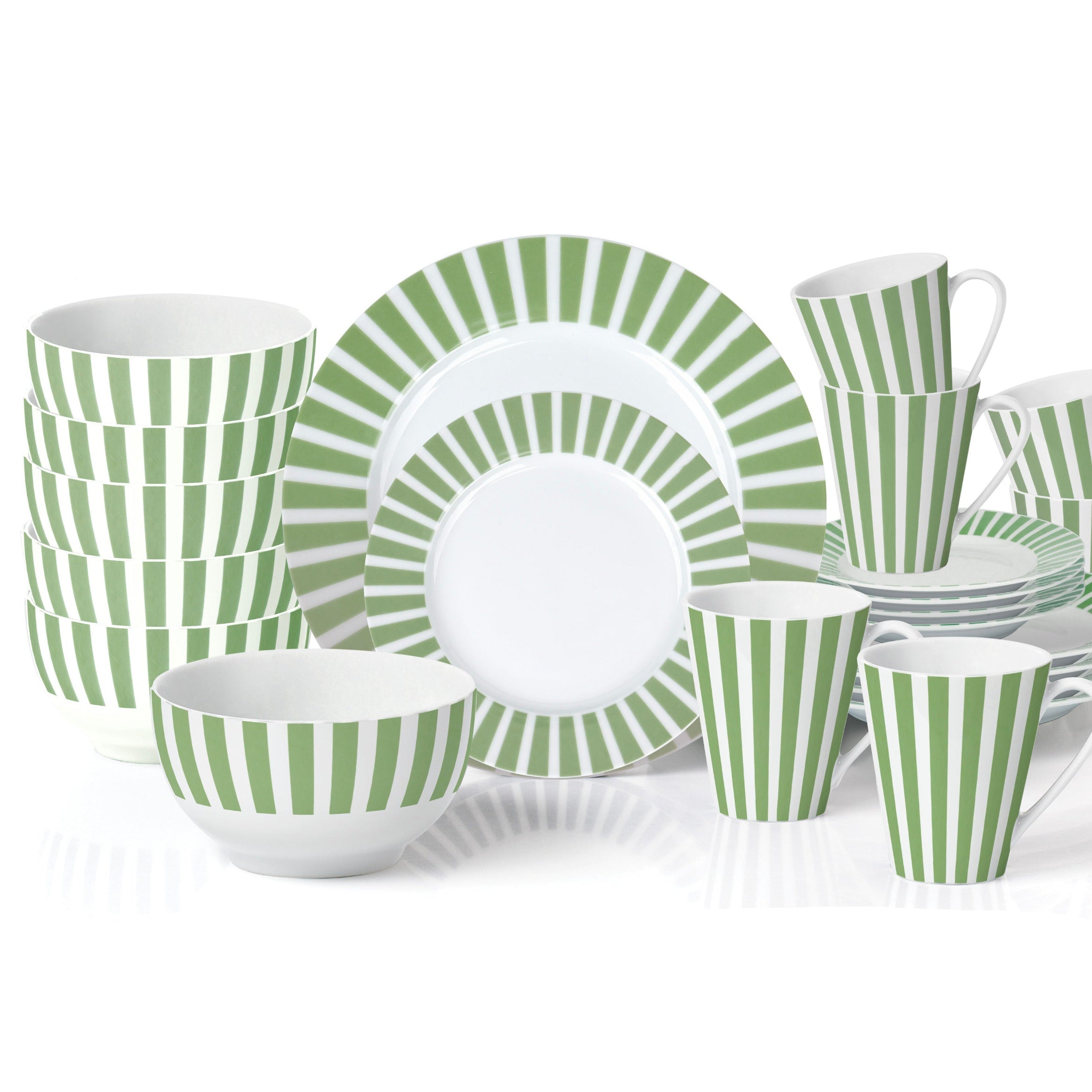 Green and white striped ceramic dinnerware set on a white background