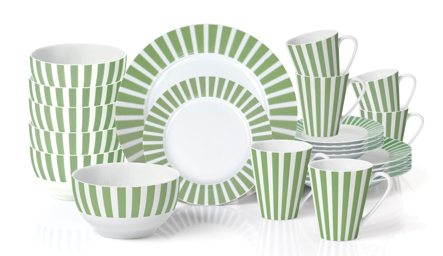 Green Split Stripe Porcelain Dinnerware Set, 24 Pieces